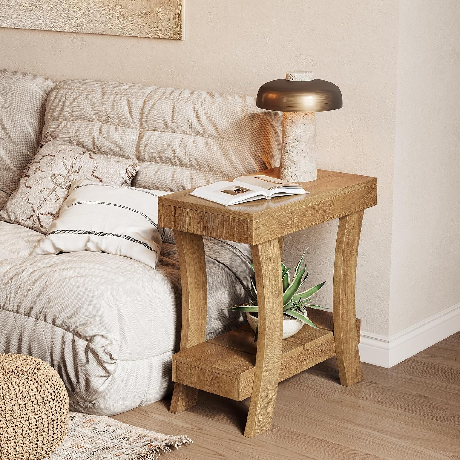 LITTLE TREE Narrow Side Table with Storage Shelf, Set of 2 Rectangular End Table with Wood Legs, Small Night Stand for Bedroom, Living Room, Small Spaces, 11.81' D x 23.62' W x 23.62' H