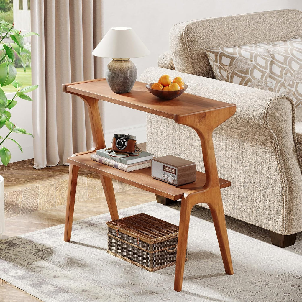 Tribesigns Set of 2 Solid Wood End Table, Modern Side Table for Couch, 2-Tier Narrow Tall End Table, Long Bedside Table for Living Room, Bedroom, Walnut