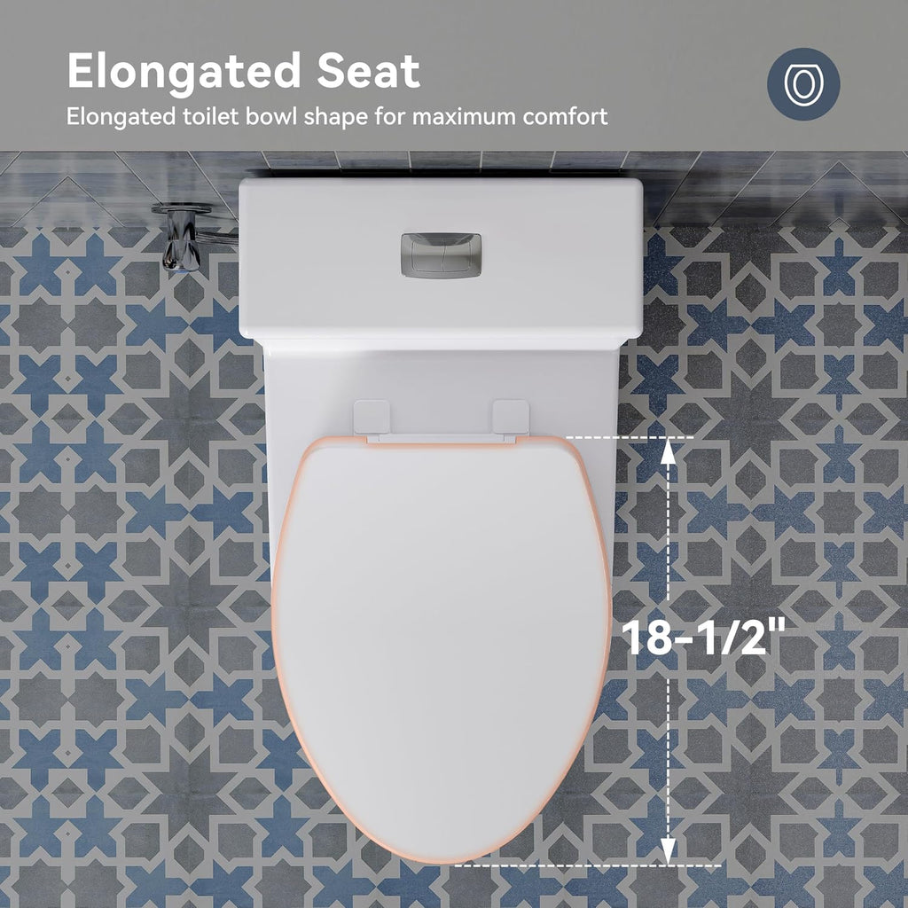 HOROW T0350W One-Piece Elongated Toilet, 17' ADA Chair Height, Dual Flush 0.8/1.28 GPF, MaP 1000g Powerful Flush, Soft-Close Seat, Skirted Design, Square Flush Button, 12' Rough-In, White