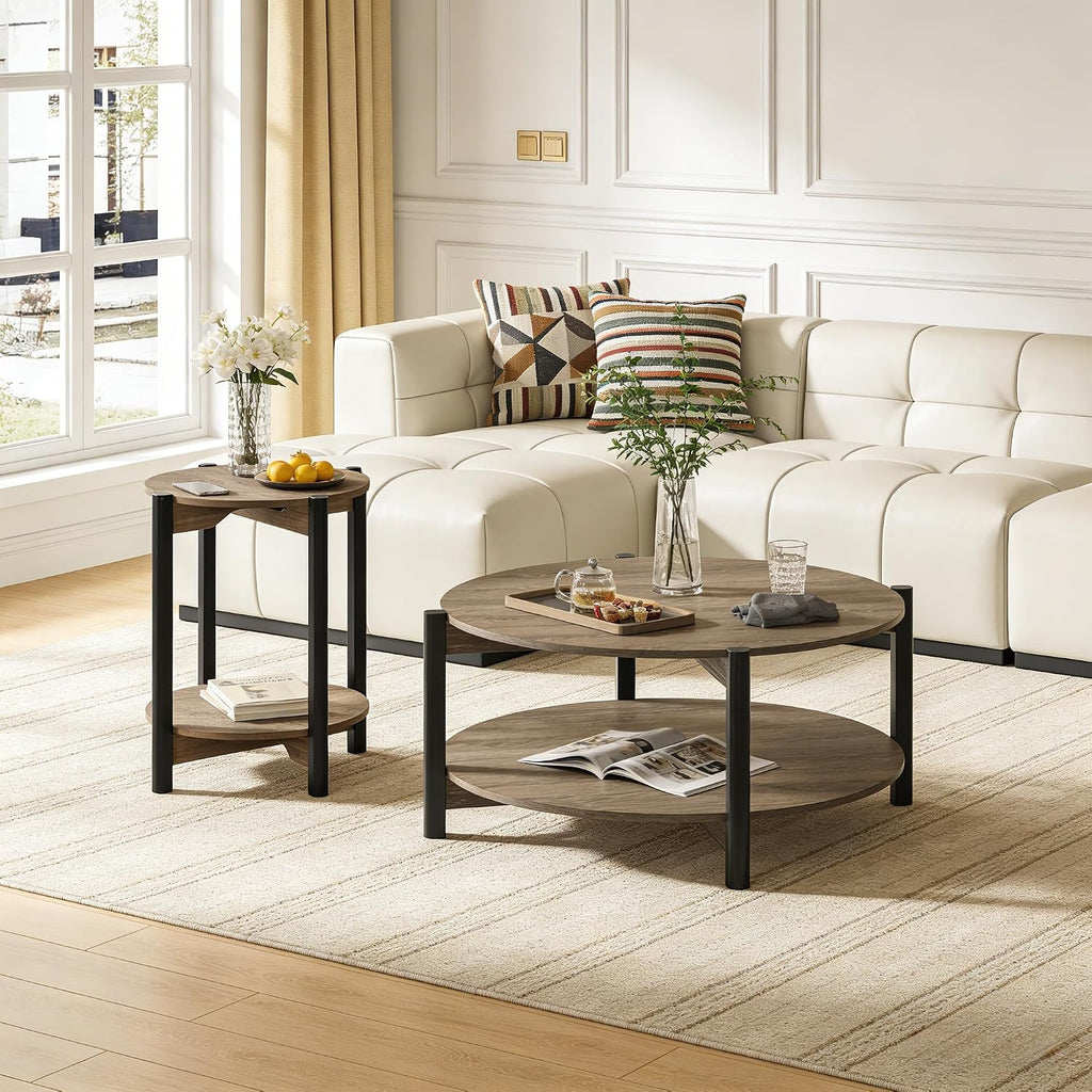 Round Coffee Table Set of 2, 34.4' Modern Wood Coffee Table and Side Table, Sturdy X-Brace Frame, 2 Piece Coffee Table for Living Room, Home Office