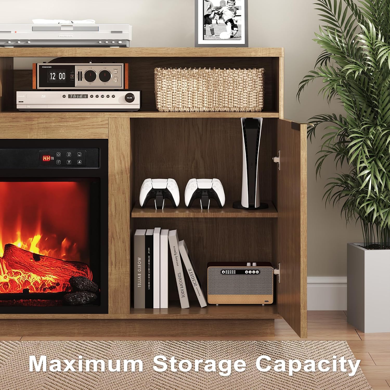 3-Piece Fluted Living Room Set Includes 2 Fluted Night Stand with Drawers and 59' Fluted Fireplace TV Stand for TVs Up to 70 inches,Modern TV Stand and End Table Set,Natural Oak