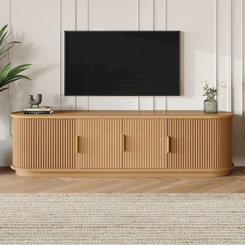 SOFTSEA 66.9' Fluted TV Stand for 75'+ TV, Farmhouse Media Console with Sliding Tambour Doors, Adjustable Shelf & Rounded Edges, Low-Profile Entertainment Center for Living Room, Natural
