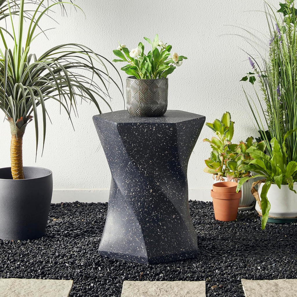 Glitzhome Outdoor Side Table Set of 2, 17.75' H Decorative Garden Stool MGO Twist Faux Terrazzo End Table, Round Planter Stand for Indoor Outdoor Living Room Bedroom Patio Deck Poolside, Black