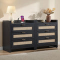 SICOTAS Nightstands Set of 2 Bedside Table - Larger Rattan Night Stand with Type-C Charging Station, 3 Drawers Storage - Boho Tall Night Stands End Table for Bedroom Office - Black Oak