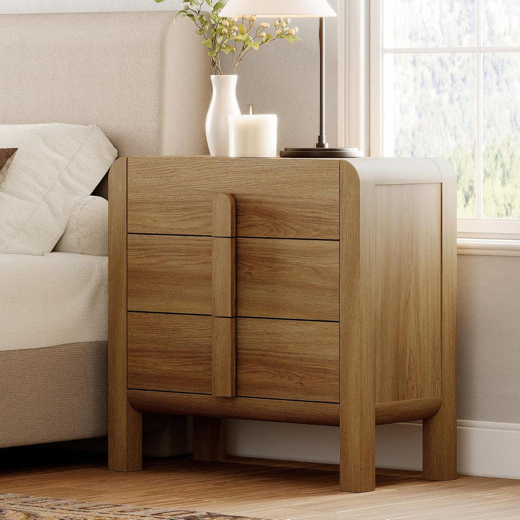 WAMPAT Large 3 Drawer Nightstand, 31.5' Tall Wooden Bedside Table with Curved Design, Modern Walnut Nightstand with Storage, Wider Side Table End Table for Bedroom