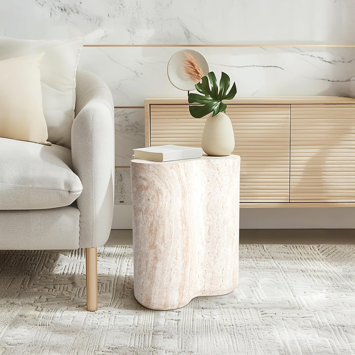 Empire Art Direct Clover Travertine Stone Finish Italian Design MgO Side Accent Table, Living Room, Bedroom & Office, 14.4'x13.8'x17.8'
