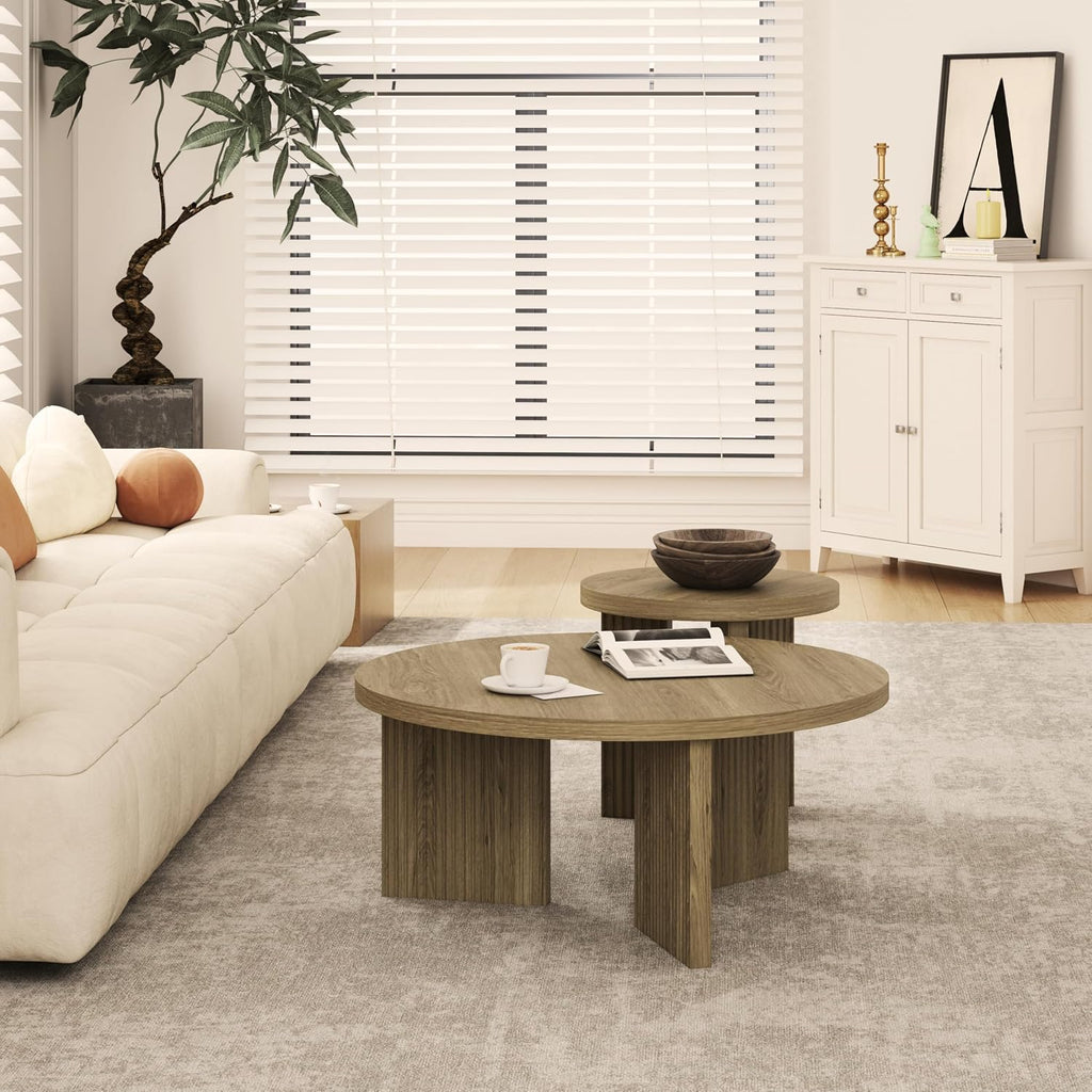 Nesting Coffee Table Set of 2, Modern Wooden Coffee Table with Smooth Thick Design, Circle Tea Table and End Table Set, Accent Center Tables for Living Room, Office, Walnut
