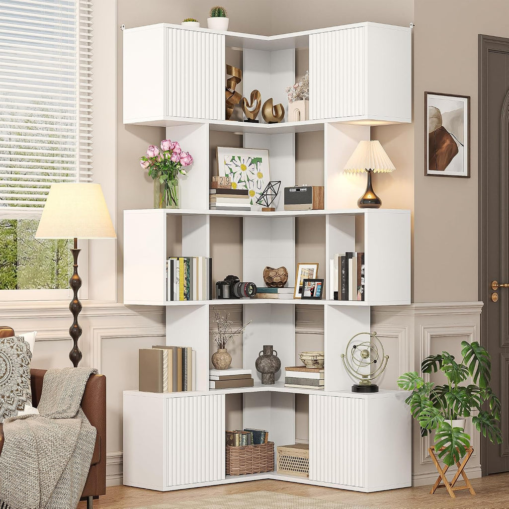 71 inch Corner Bookshelf, 5 Tier Storage Bookcase, L-Shaped Cube Bookshelf, Wood Modern Book Shelf Organizer for Living Room/Home Office/Bedroom Display Unit, White