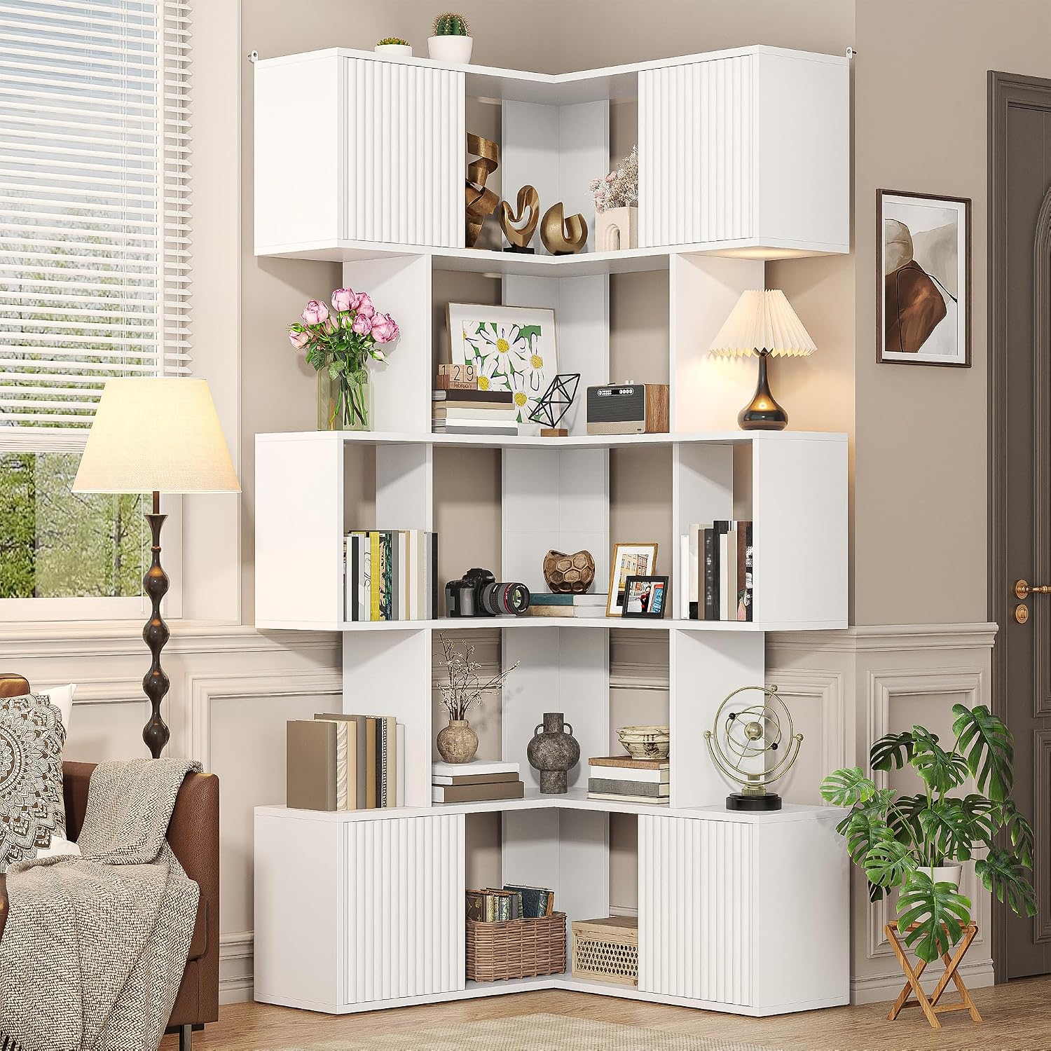 71 inch Corner Bookshelf, 5 Tier Storage Bookcase, L-Shaped Cube Bookshelf, Wood Modern Book Shelf Organizer for Living Room/Home Office/Bedroom Display Unit, White