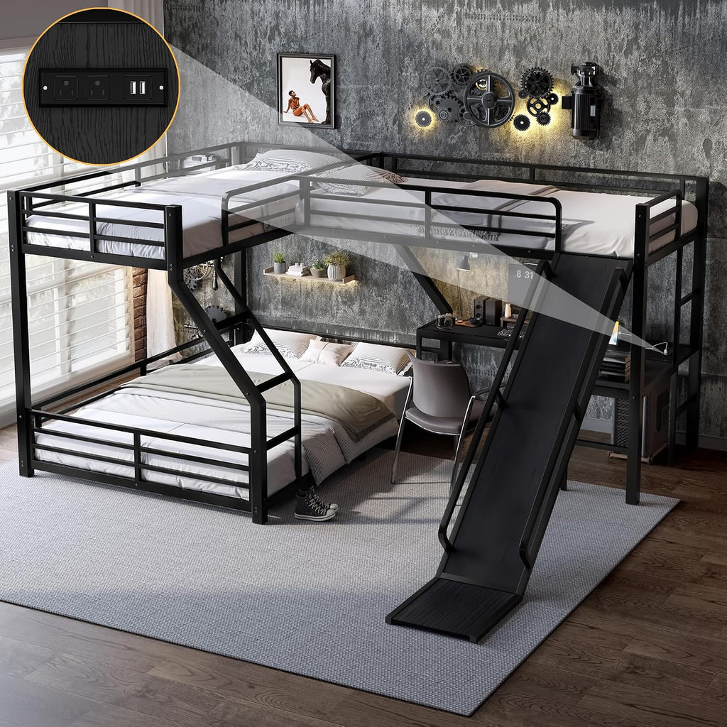 Bellemave Triple Bunk Beds, L-Shape Twin XL Over Queen Bunk Bed Attached a Loft Bed with Desk, Triple Bunk Bed with Slide and USB Ports, Metal Corner Bunkbed Frame for Three Boys Girls Teens, Black