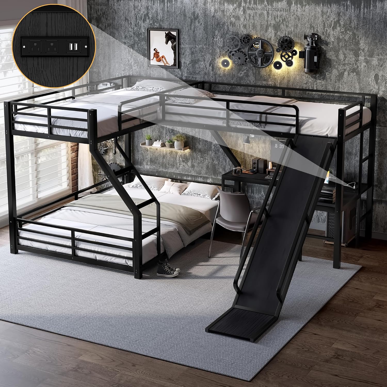 Bellemave Triple Bunk Beds, L-Shape Twin XL Over Queen Bunk Bed Attached a Loft Bed with Desk, Triple Bunk Bed with Slide and USB Ports, Metal Corner Bunkbed Frame for Three Boys Girls Teens, Black