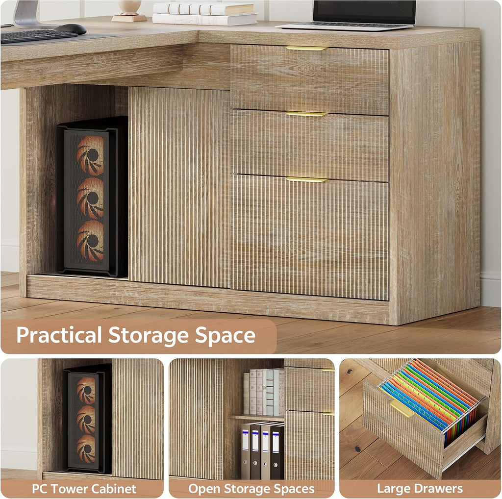 78 Inch L Shaped Office Desk with Drawers Fluted L Shape Computer Desk Executive Office Desk with File Cabinet Storage Shelves and Power Outlets Sturdy Writing Workstation Natural Oak