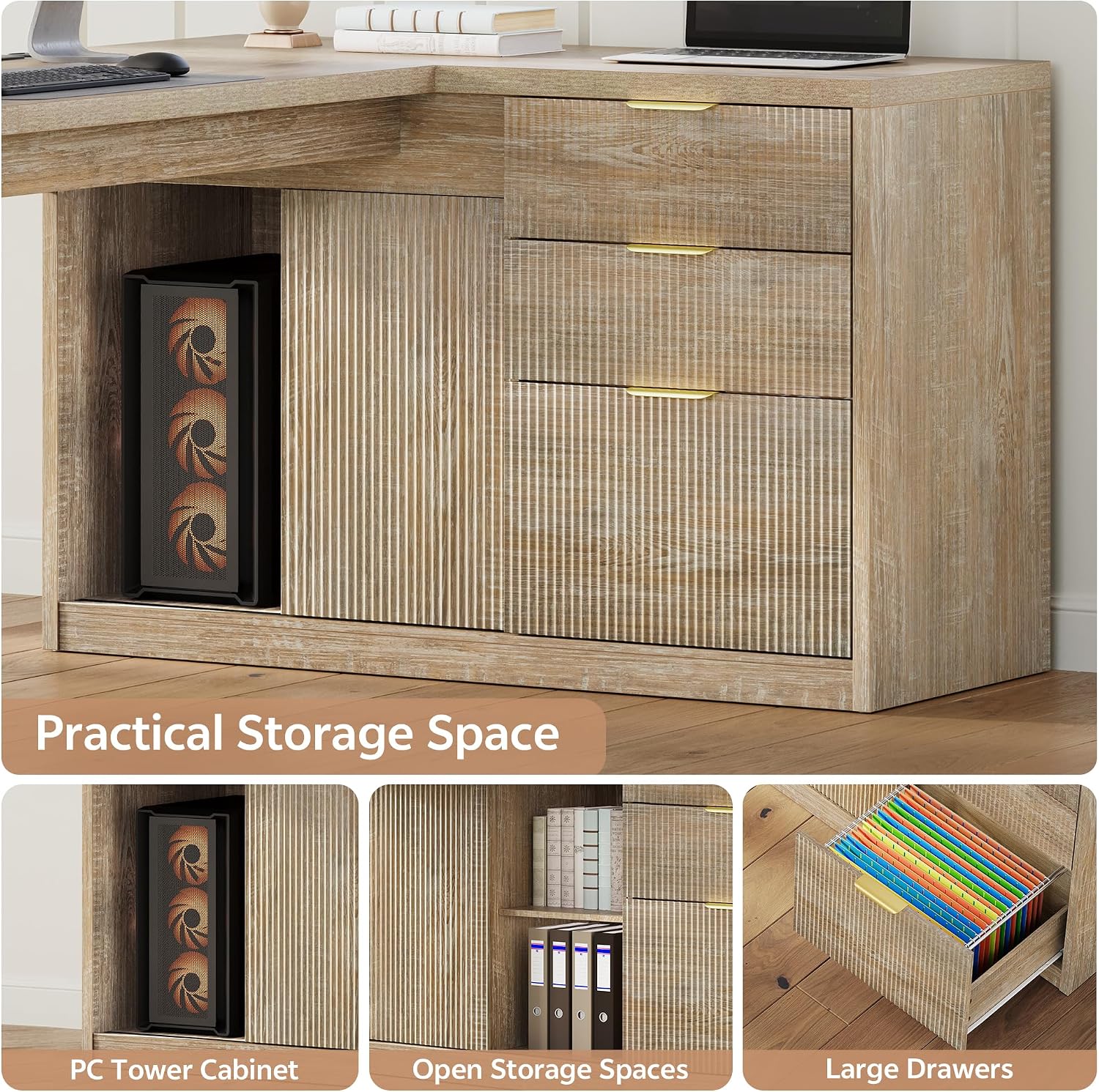 78 Inch L Shaped Office Desk with Drawers Fluted L Shape Computer Desk Executive Office Desk with File Cabinet Storage Shelves and Power Outlets Sturdy Writing Workstation Natural Oak