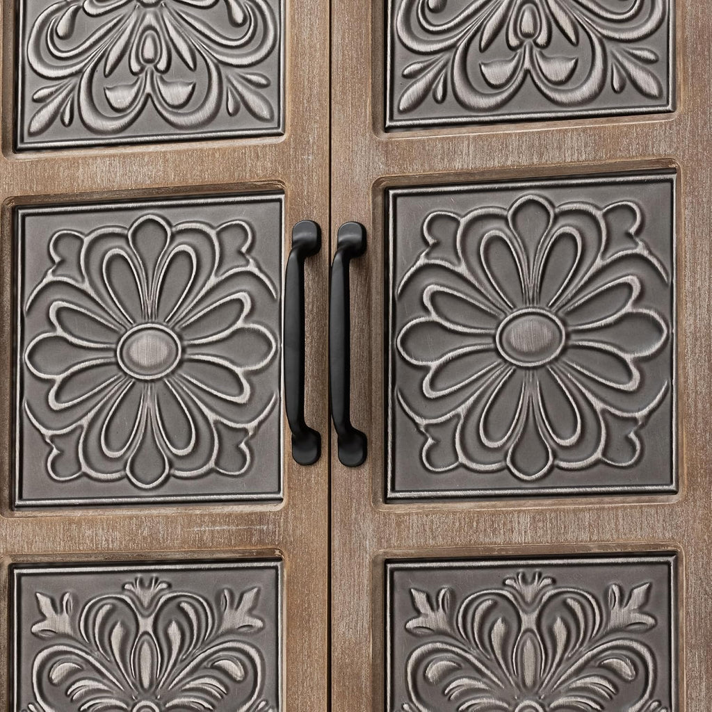 COSIEST 48' Tall Farmhouse Accent Cabinet with Doors and 2 Drawers, Rustic Wood Storage Buffet, Embossed Metal Floral Carving Chest with Adjustable Shelves for Living Room, Entryway, Dining Room