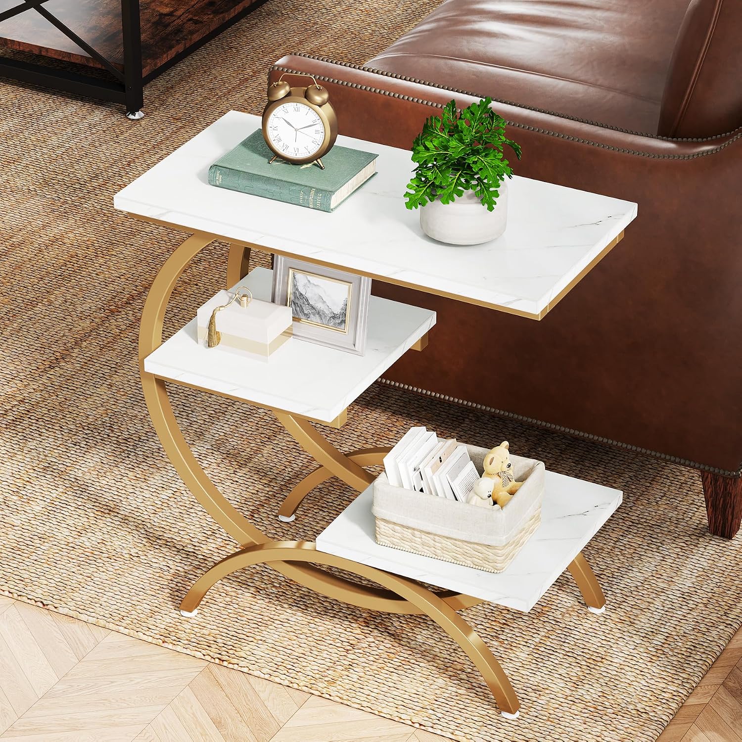 Tribesigns C-Shaped End Table Set of 2, Industrial 3-Tier Small Side Table for Couch, Wood Bedside Table Snack Side Table with Storage Shelves for Living Room Small Space, White Gold