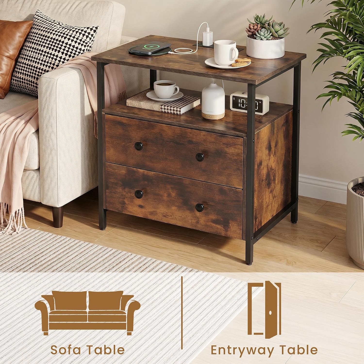 Edbuosy 27 inch Wide Night Stand Set 2 with Charging Station, Bedside Table with Open Shelf, 2 Drawers Small Wood Dresser, Modern Wood Nightstand for Bedroom/Living Room (Retro Brown)