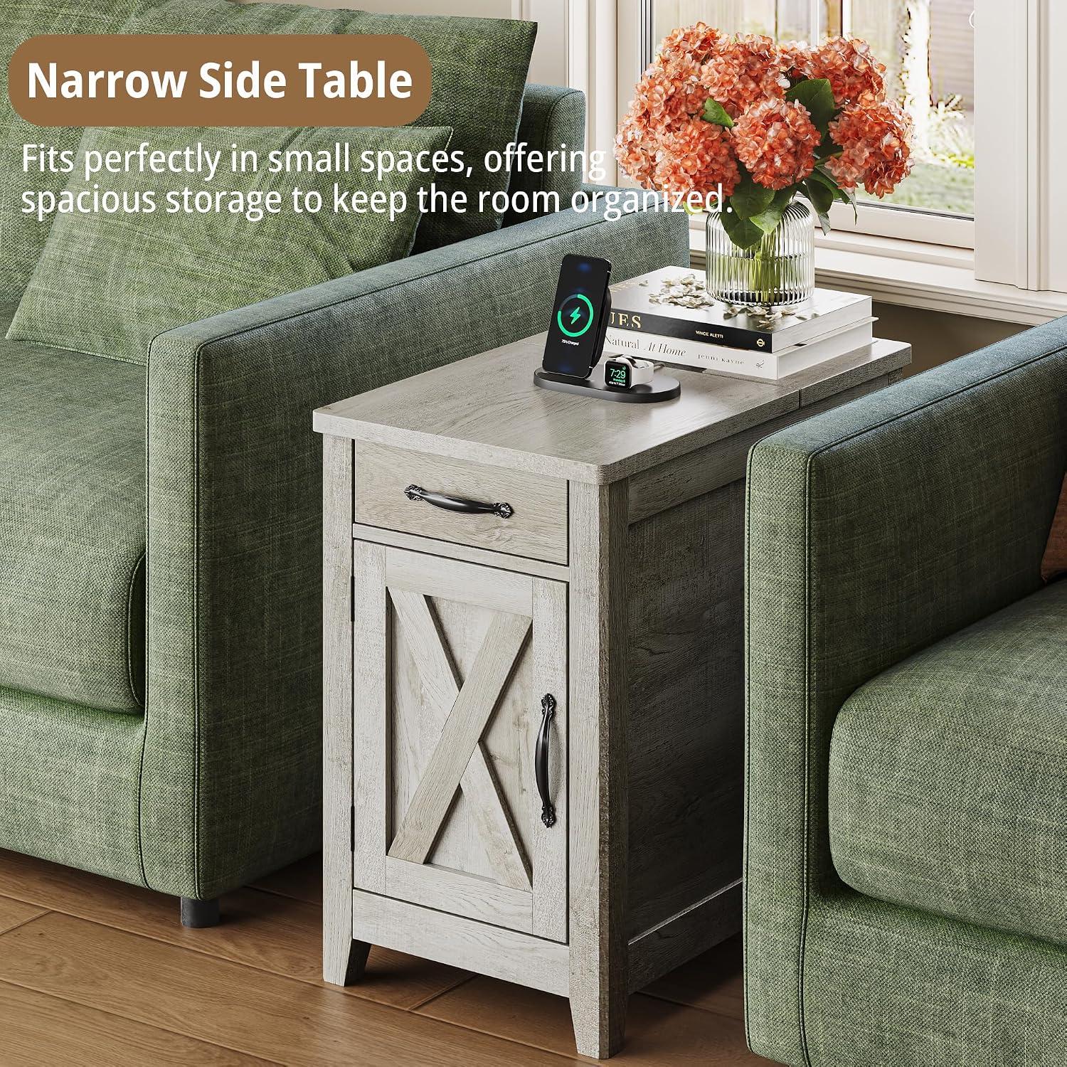 IRONCK End Table with Charging Station, Narrow Side Table for Living Room, Night Stand Set of 2 with Drawer and Cup Holder, Farmhouse Bedside Table with USB Ports and Outlets for Home, Beige Maple