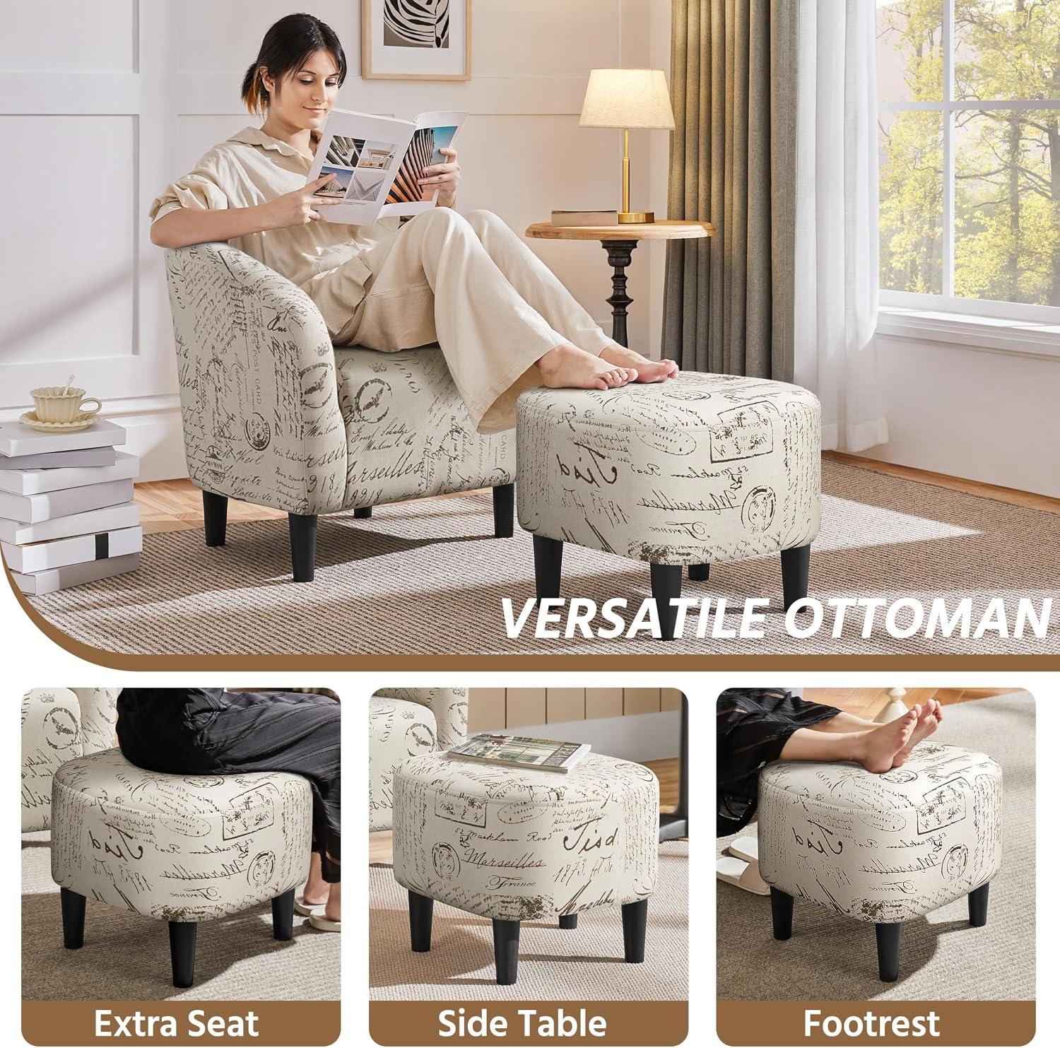 Yaheetech Accent Chair with Foot Rest, Mid Century Modern Upholstered Soft Barrel Chair, Comfy Fabric Armchair and Footrest Set for Living Room/Bedroom/Reading Room, Set of 2 Letter Print