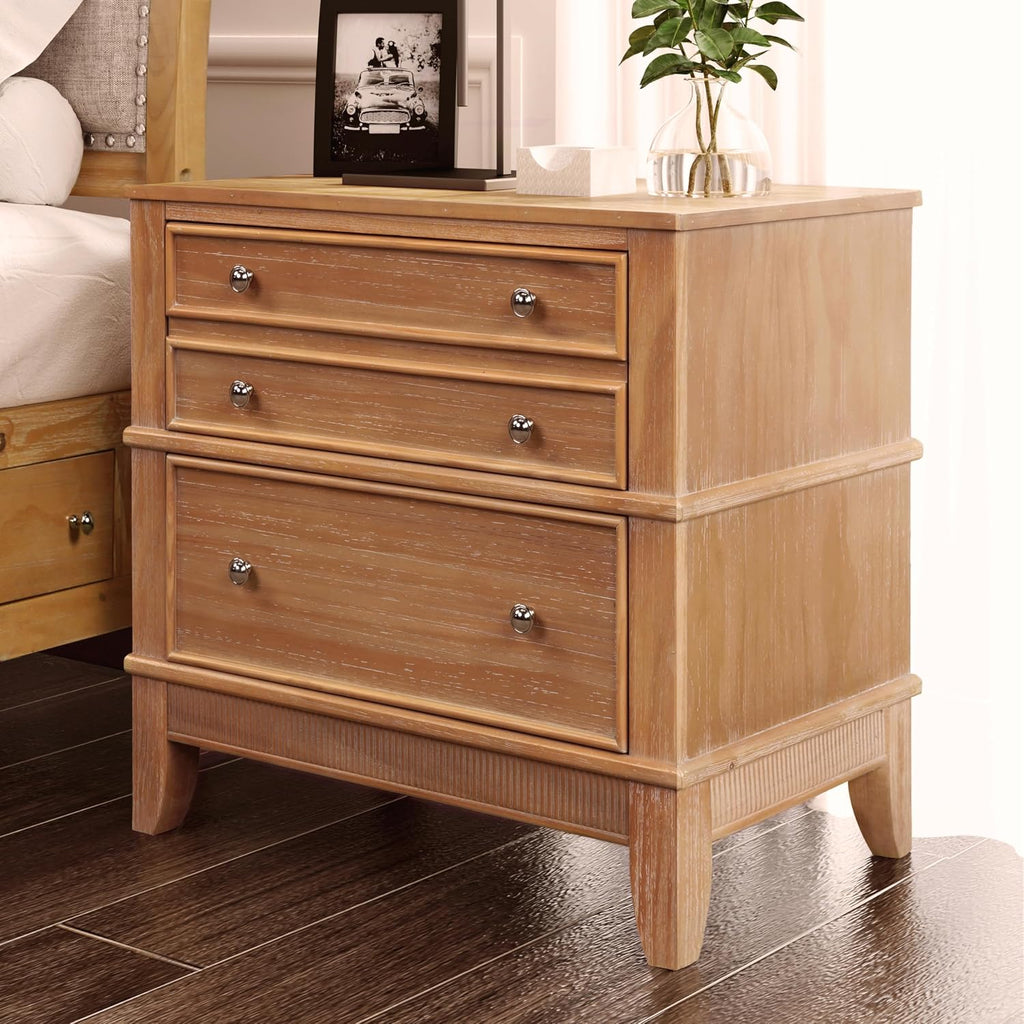 Modern Farmhouse Night Stand, Wooden Sofa Side End Table with 3 Drawers, Wood Legs and Handle, Side Table for Living Room Hallway Entryway, 17.3' D x 27.3' W x 26' H, Natural