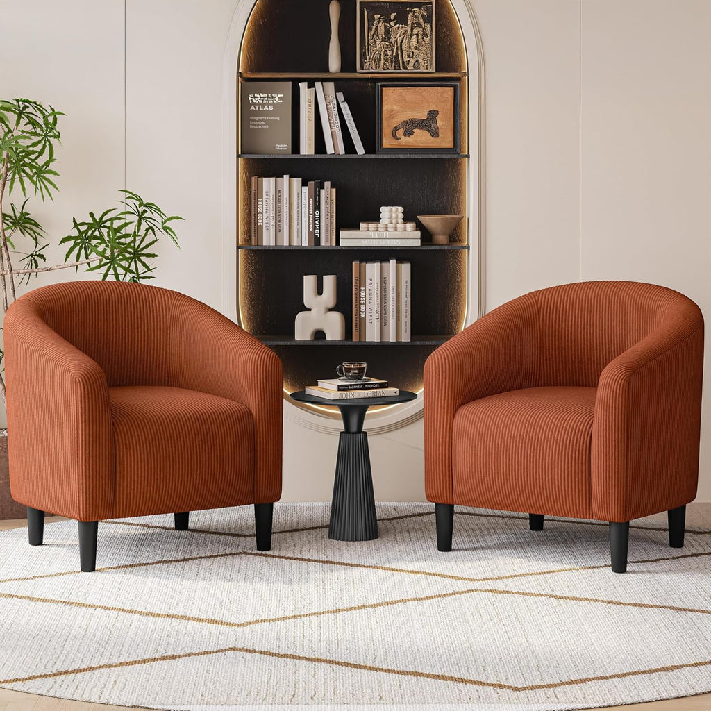 Yaheetech Accent Barrel Chair, Corduroy Fabric Club Chair, Furry Sherpa Elegant Armchair with Cozy Soft Padded, Suitable for Living Room Bedroom Reception Room Office, Set of 2, Brick Red