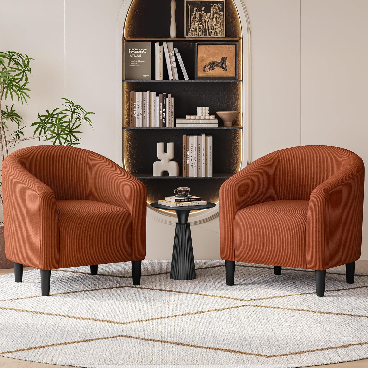 Yaheetech Accent Barrel Chair, Corduroy Fabric Club Chair, Furry Sherpa Elegant Armchair with Cozy Soft Padded, Suitable for Living Room Bedroom Reception Room Office, Set of 2, Brick Red
