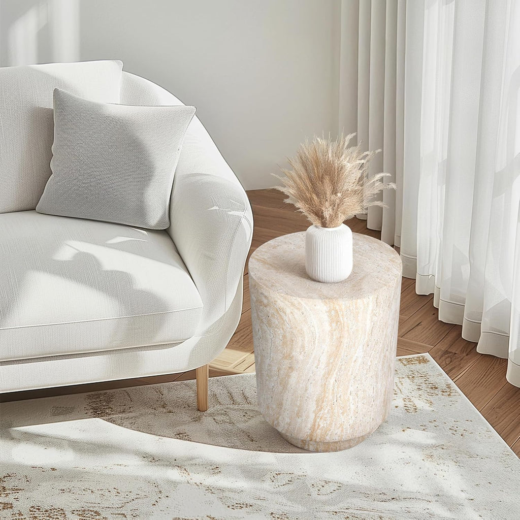 Empire Art Direct Cylinder Travertine Stone Finish Italian Design MgO Side Accent Table, Living Room, Bedroom & Office, 14.2'x14.2'x18.3'