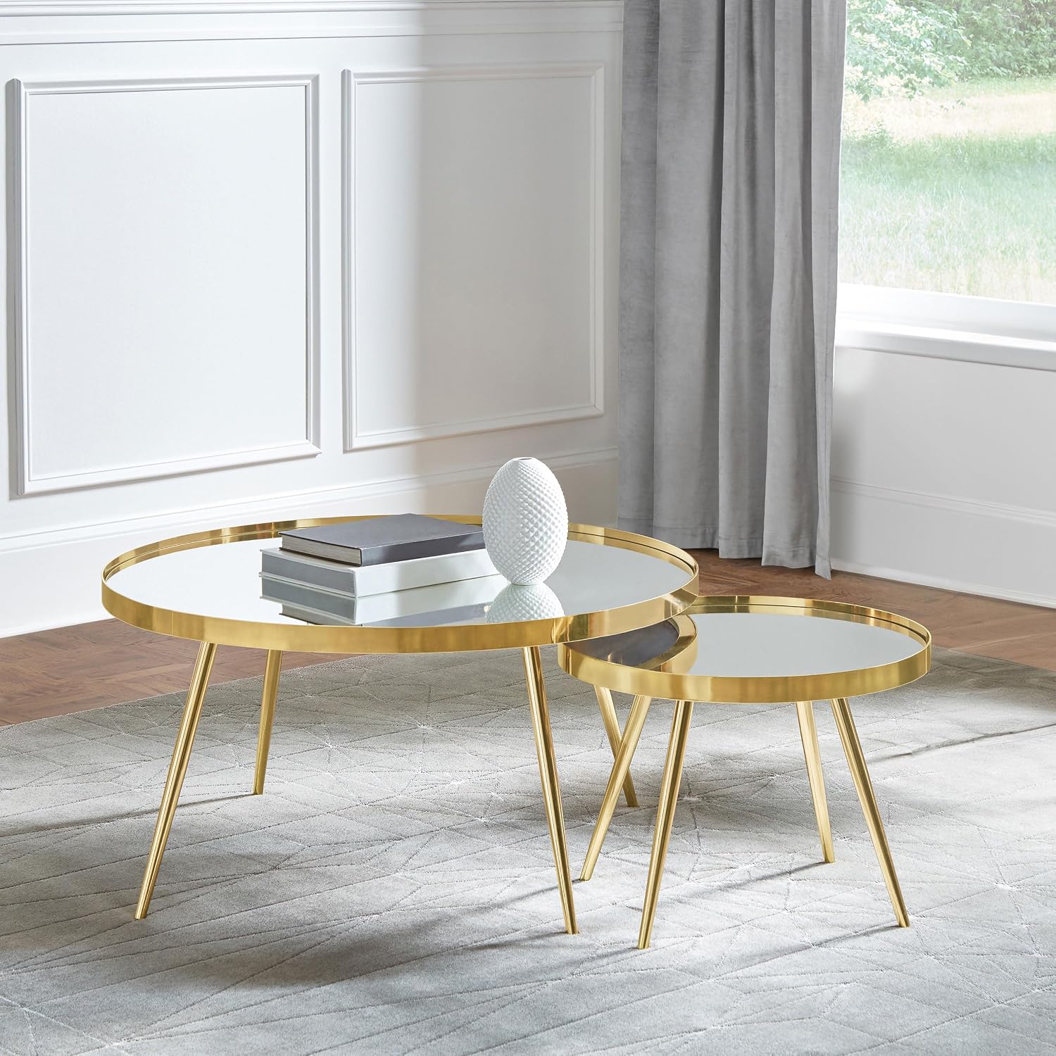 Kaelyn 2-Piece Round Mirror Top Nesting Coffee Table with Angled Metal Base, Modern Reflective Mirror Coffee Table Nesting Set for Living Rooms, Gold