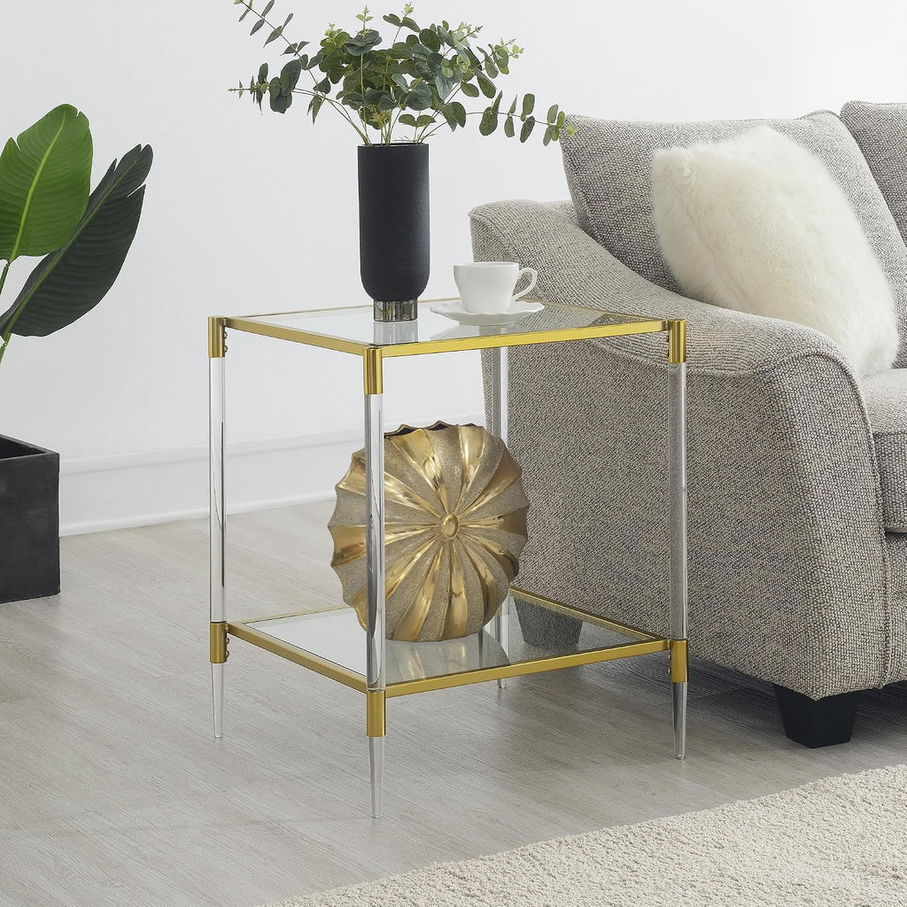 Convenience Concepts Royal Crest Acrylic Glass Square End Table 20.25' - Modern 2-Tier Tempered Glass Living Room Side Table with Storage Shelf, Gold Chrome Frame Table with Acrylic Legs, Glass, Gold