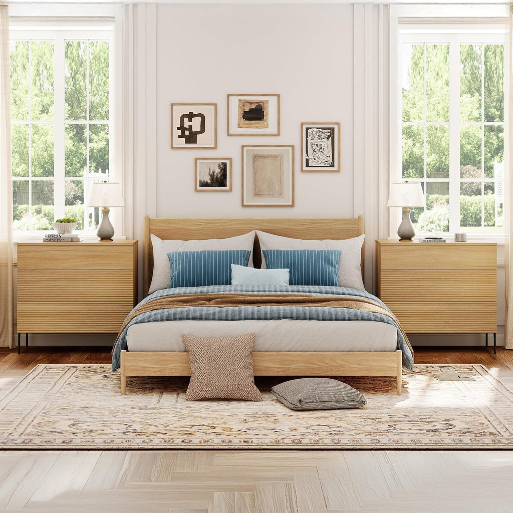 WAMPAT 30.2' Tall Fluted Nightstands Set of 2 with 3 Large Drawers, Mid Century Nightstand End Table with Hidden Handle, Wooden Bedside Table with Storage for Bedroom, Oak