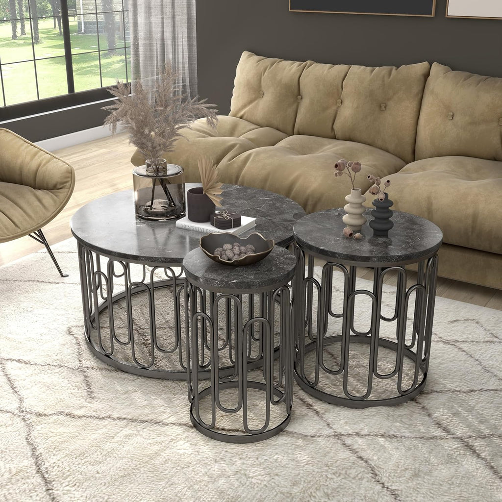 Furniture of America Davis 3-Piece Modern Table Set with Marble Top & Sturdy Metal Legs & Open Shelf for Living Room, Apartment, Small Space, Black