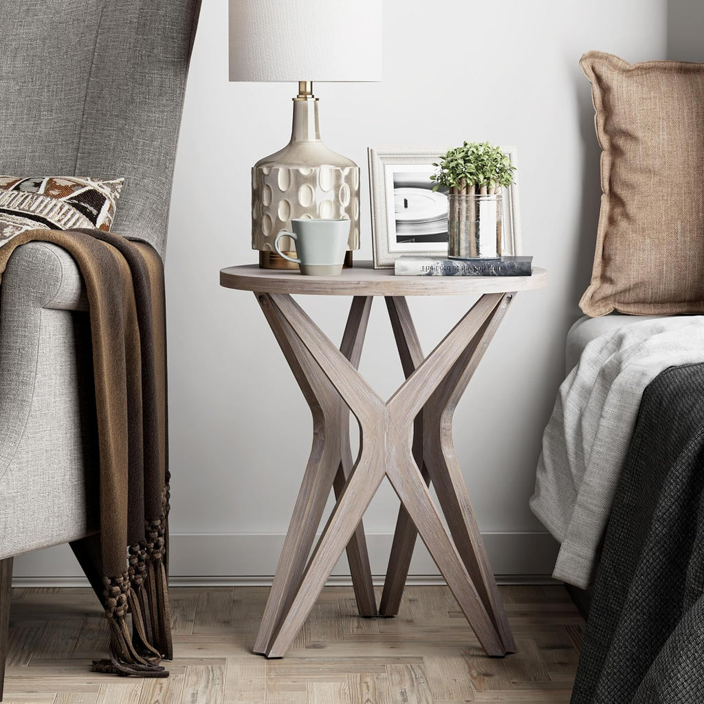 Pedestal Farmhouse End Table Set of 2, Distressed Top with Tripod Base Bedside Table for Living Room, Modern, Boho Decor, Round (2-Pack, Distressed Aah Grey)