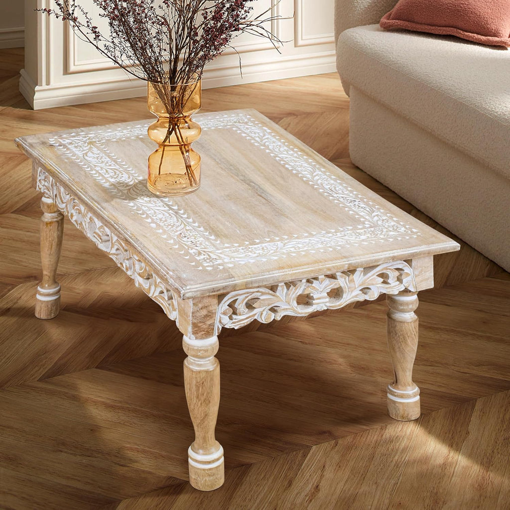 Rectangular Wooden Coffee Table 36x24x18 Inch – Beige Finish with Cutwork Jali Carving, Rustic Farmhouse Style, Mid-Century Modern Living Room Furniture