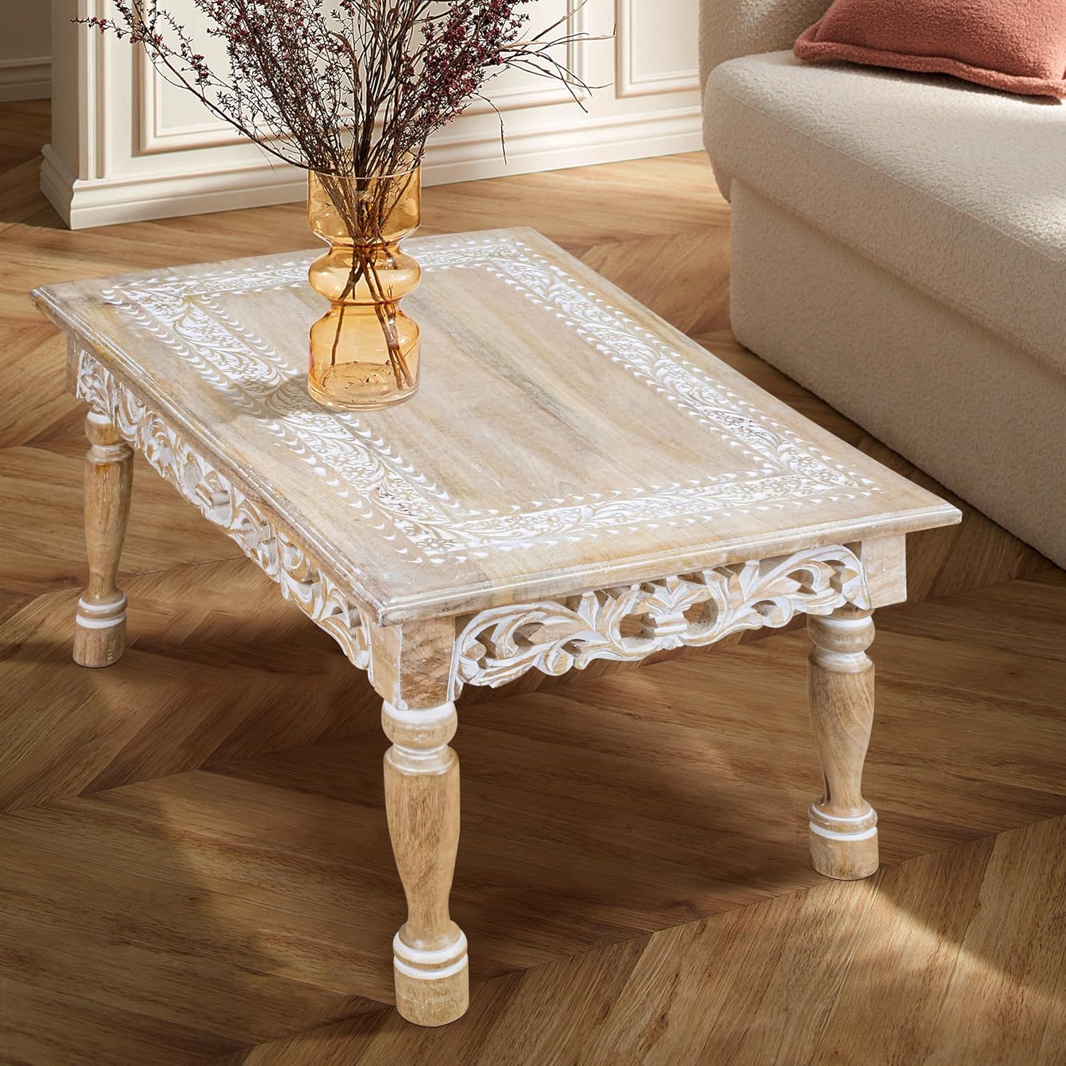 Rectangular Wooden Coffee Table 36x24x18 Inch – Beige Finish with Cutwork Jali Carving, Rustic Farmhouse Style, Mid-Century Modern Living Room Furniture