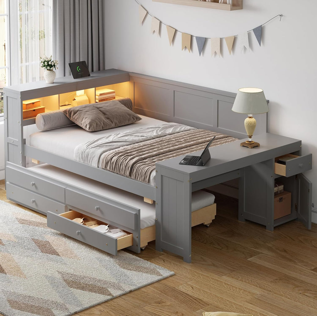 Merax Corner Full Bed Frame with Desk and Led Lights,Wood Platform Bed Frame with Trundle and 2 Drawers,Full Size Daybed with Storage and Charging Station for Living Room,Bedroom,Guest Room,Grey