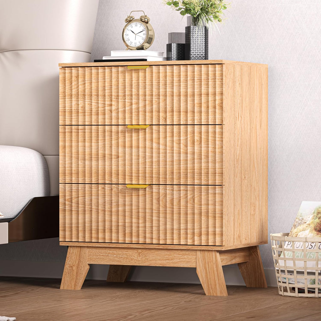 Nightstand Set of 2 with 3 Large Drawers,24' Wide End Table with Curved Metal Handles,Fluted Wood Small Dresser,Bedside Table,Modern Chest of Drawers for Bedroom,Living Room, Nature Oak
