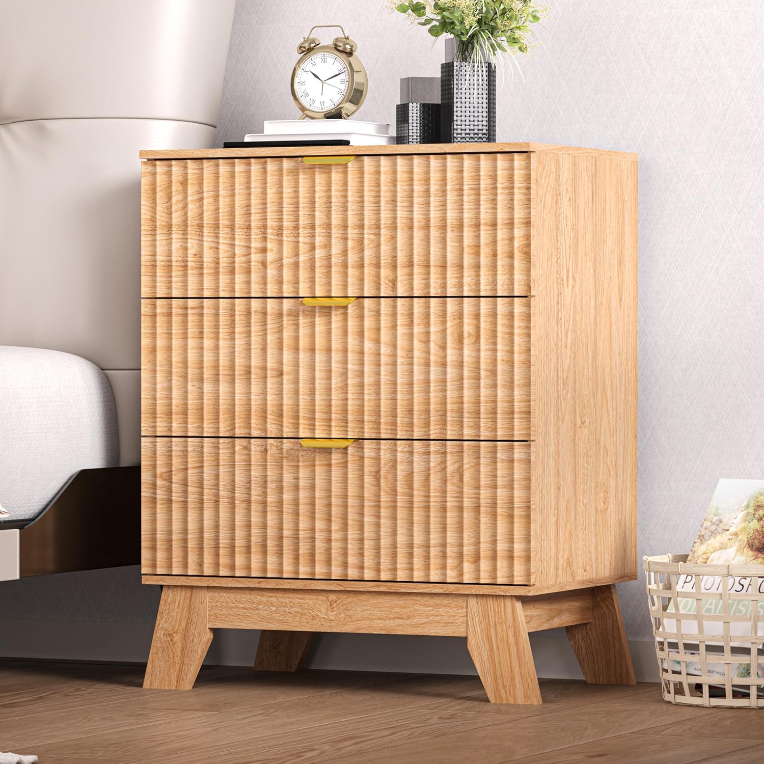 Nightstand Set of 2 with 3 Large Drawers,24' Wide End Table with Curved Metal Handles,Fluted Wood Small Dresser,Bedside Table,Modern Chest of Drawers for Bedroom,Living Room, Nature Oak