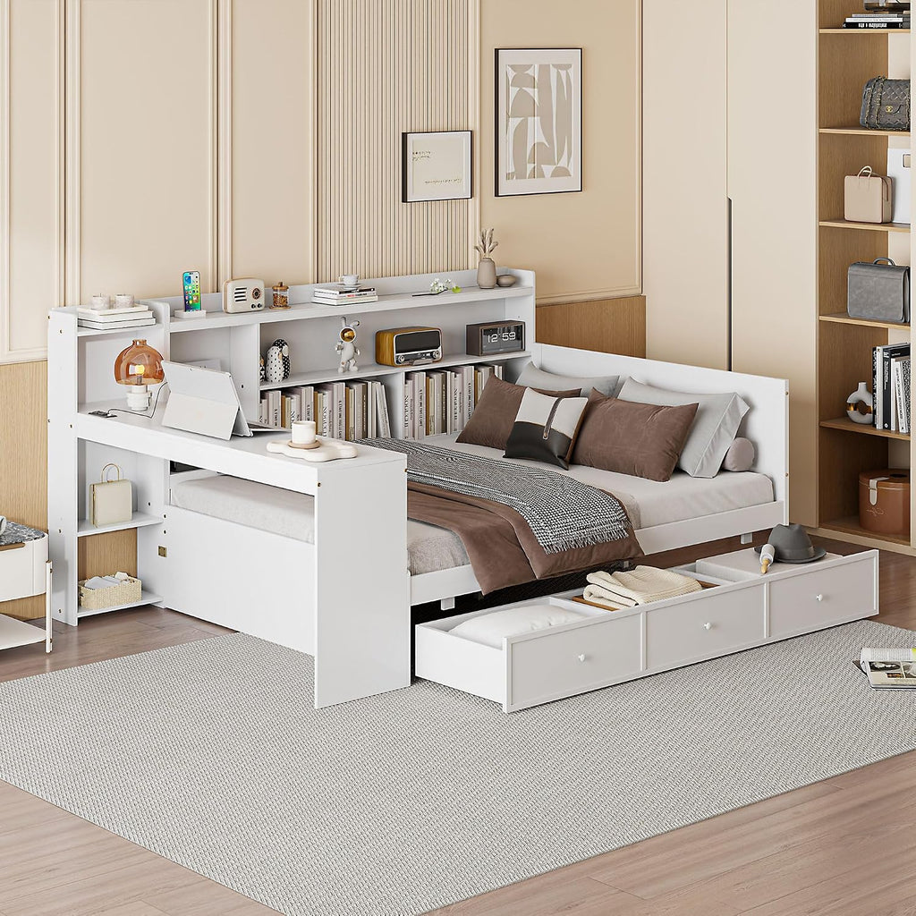 SOFTSEA Full Size Daybed with Storage Drawers & Bokcase, Wood Daybed with Desk, Bookcase & USB Ports for Kids Teens Adults, L Shaped Bed Frame with Convertible Headboard for Bedroom Living Room, White