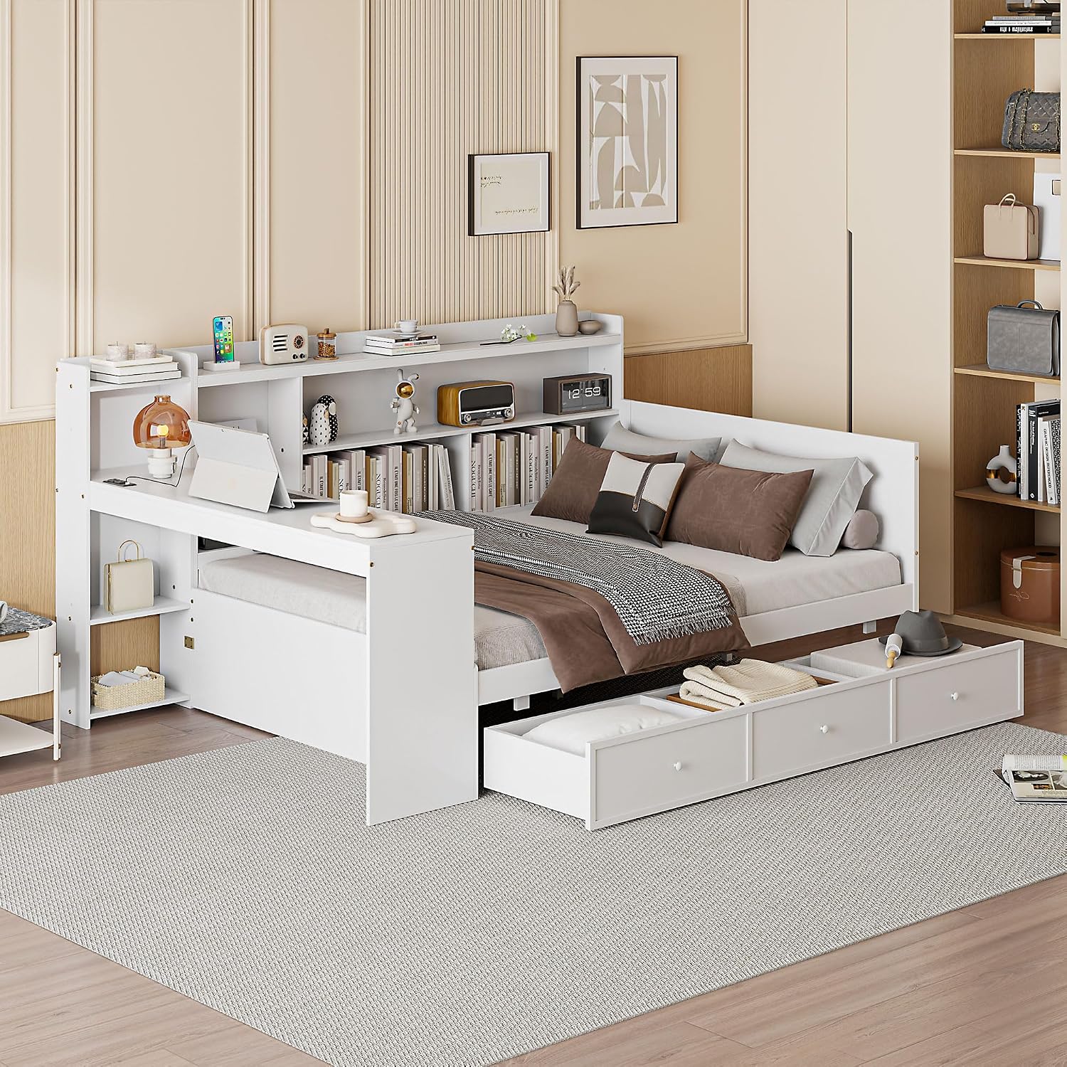SOFTSEA Full Size Daybed with Storage Drawers & Bokcase, Wood Daybed with Desk, Bookcase & USB Ports for Kids Teens Adults, L Shaped Bed Frame with Convertible Headboard for Bedroom Living Room, White