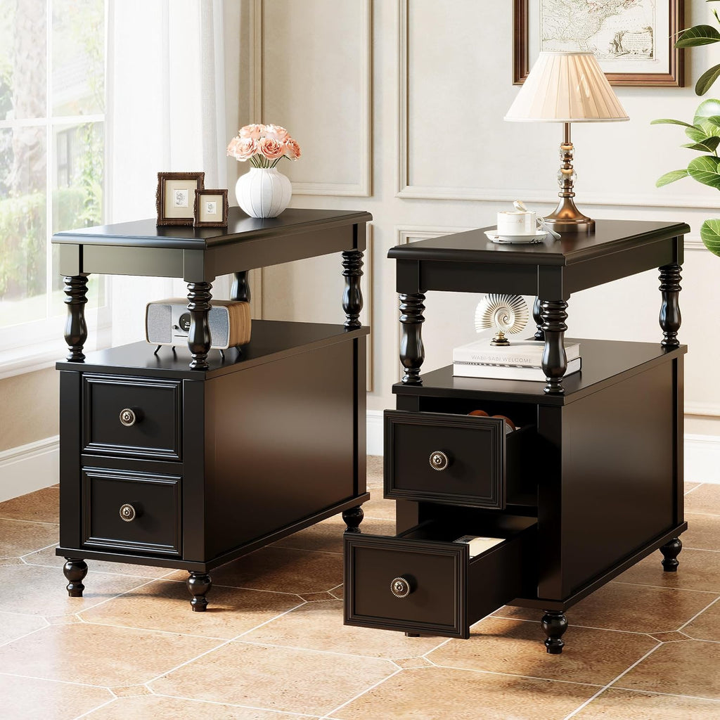 Tribesigns Wood End Table with 2 Drawers, Mid-Century Wooden Slim Side Table Nightstands with Storage Shelf, Accent Table for Living Room, Easy to Assemble (Black)