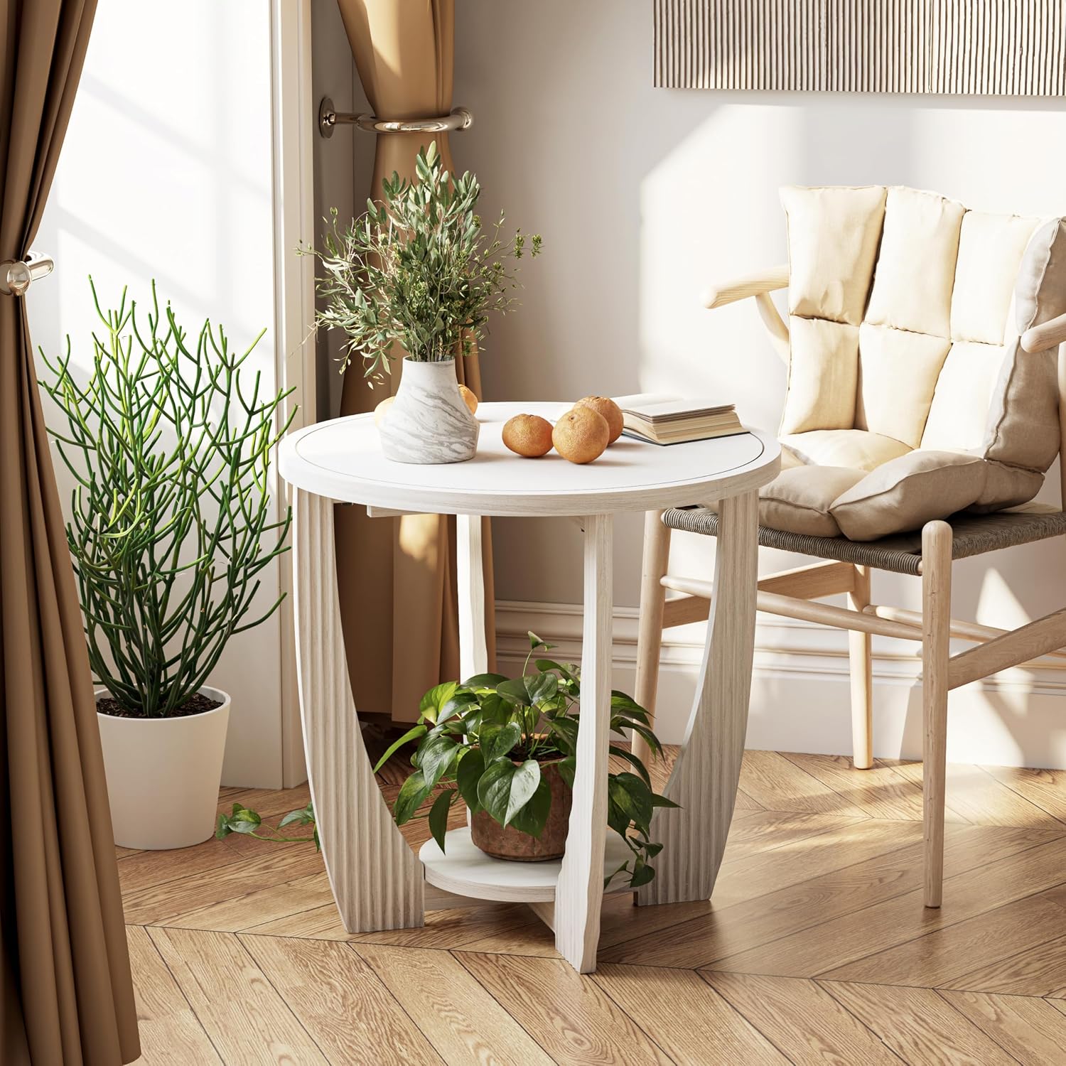 COZAYH Rustic Farmhouse end Table X 2P with Storage Shelf, French Country Accent Side Table for Family, Dinning or Living Room, Small Spaces, Modern, Round, White