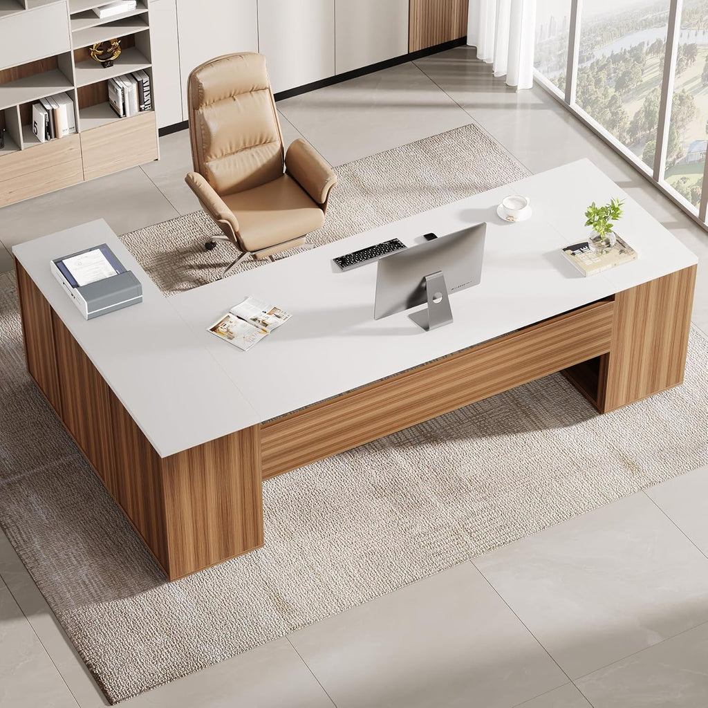 Tribesigns 85.8-Inch L-Shaped Executive Desk, Extra Large Modern Office Desk with File Drawers, Door Cabinet & Shelves, Commercial Office Table, Home Business Workstation, White & Brown