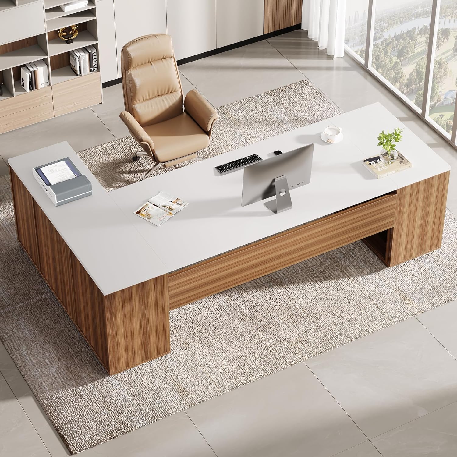 Tribesigns 85.8-Inch L-Shaped Executive Desk, Extra Large Modern Office Desk with File Drawers, Door Cabinet & Shelves, Commercial Office Table, Home Business Workstation, White & Brown