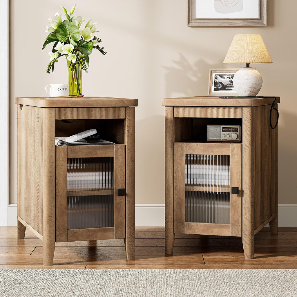 iPormis End Table Set of 2 with Charging Station, Narrow Side Table for Living Room, Farmhouse Night Stand with Storage Cabinet, Wooden Bedside Table for Bedroom Small Space, Brown