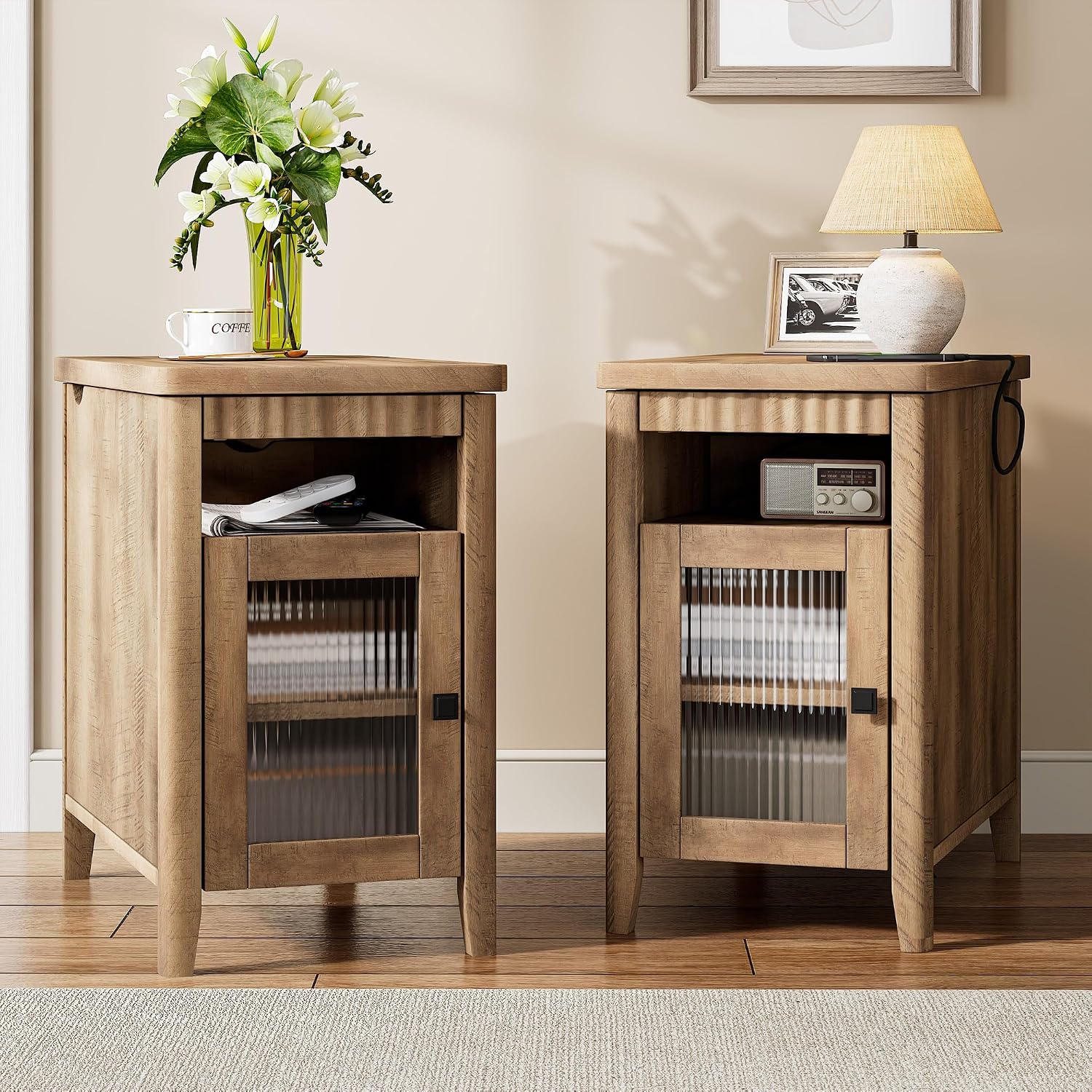 iPormis End Table Set of 2 with Charging Station, Narrow Side Table for Living Room, Farmhouse Night Stand with Storage Cabinet, Wooden Bedside Table for Bedroom Small Space, Brown