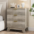Fluted Nightstand, 24' Wide Side Table with 3 Large Storage Drawers, Mid Century Modern Wood Night Stand with Metal Handle, Wooden Bedside End Table for Bedroom, Living Room, Closet, Grey