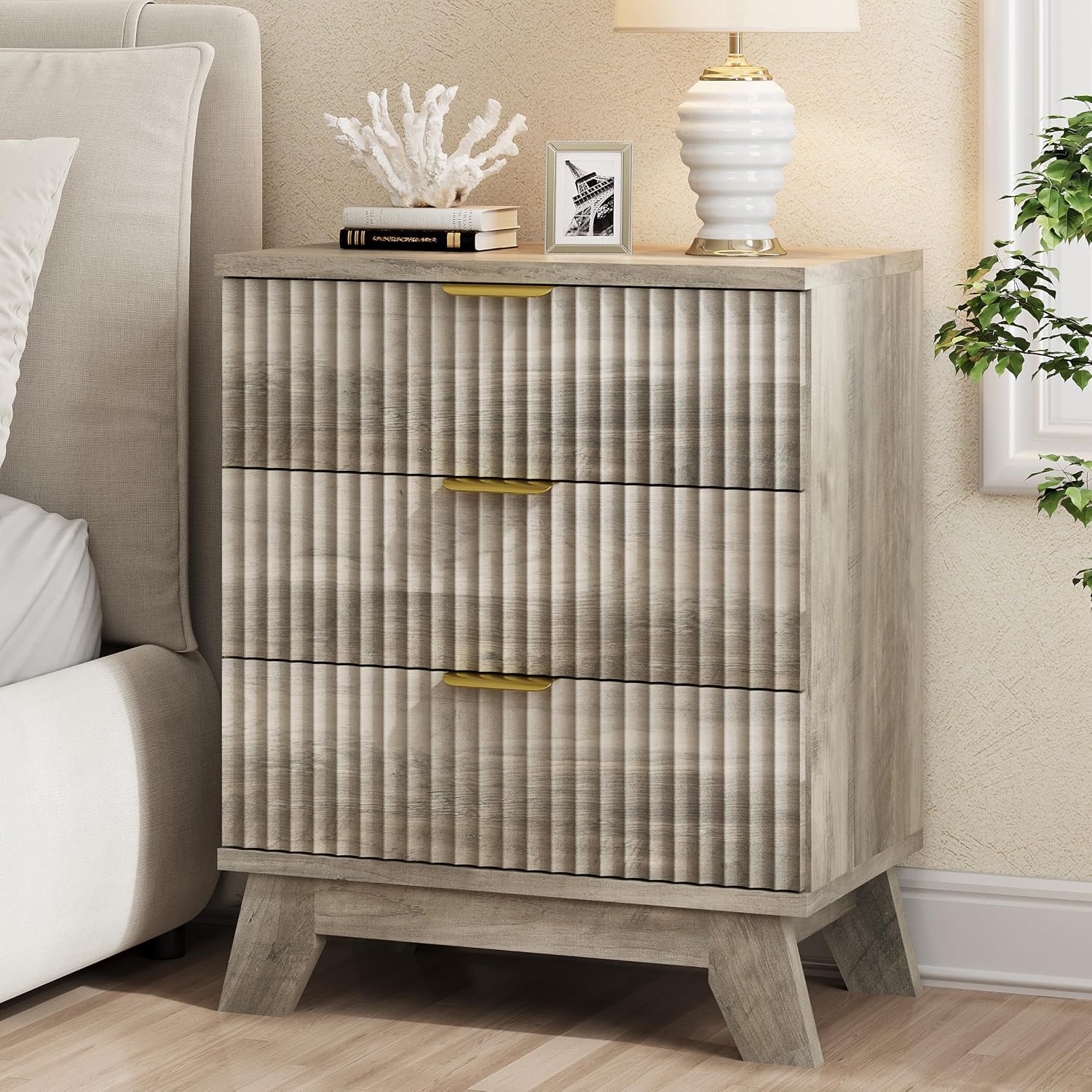 Fluted Nightstand, 24' Wide Side Table with 3 Large Storage Drawers, Mid Century Modern Wood Night Stand with Metal Handle, Wooden Bedside End Table for Bedroom, Living Room, Closet, Grey