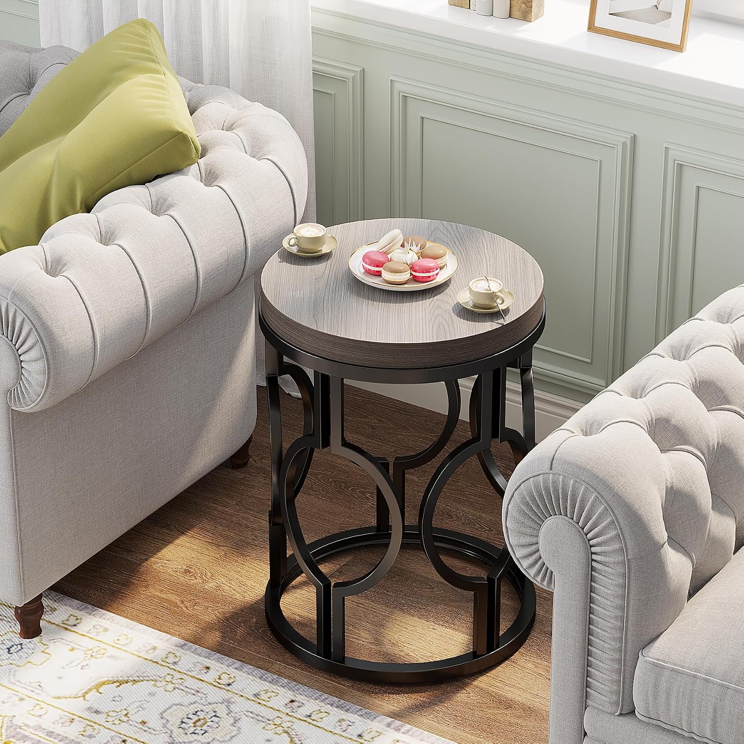 Tribesigns Round End Table Set of 2, Industrial Side Table with Metal Hollow Frame, Small Bedside Table Nightstand for Living Room, Bedroom, Easy Assembly (Grey,2 PCS)