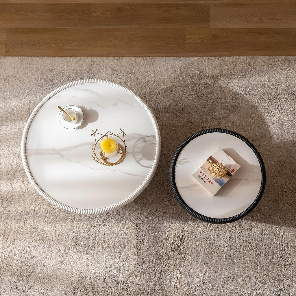 Modern Round Coffee Table Set of 2 Luxury Sintered Stone Top Coffee End Table in White/Black Leatherette Creative Bowl-Shape Small Coffee Side End Tables for Living Room Bedroom