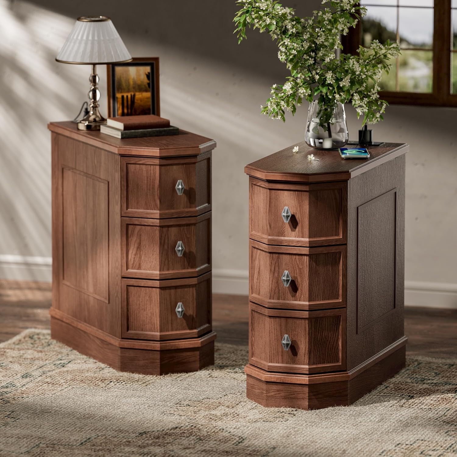 Nightstand Set of 2 with Charging Station, Vintage Wood End Table with 3 Drawer, Victoria Narrow Side Table, Slim Bedside Tables for Bedroom, Pre-Installation, Brown