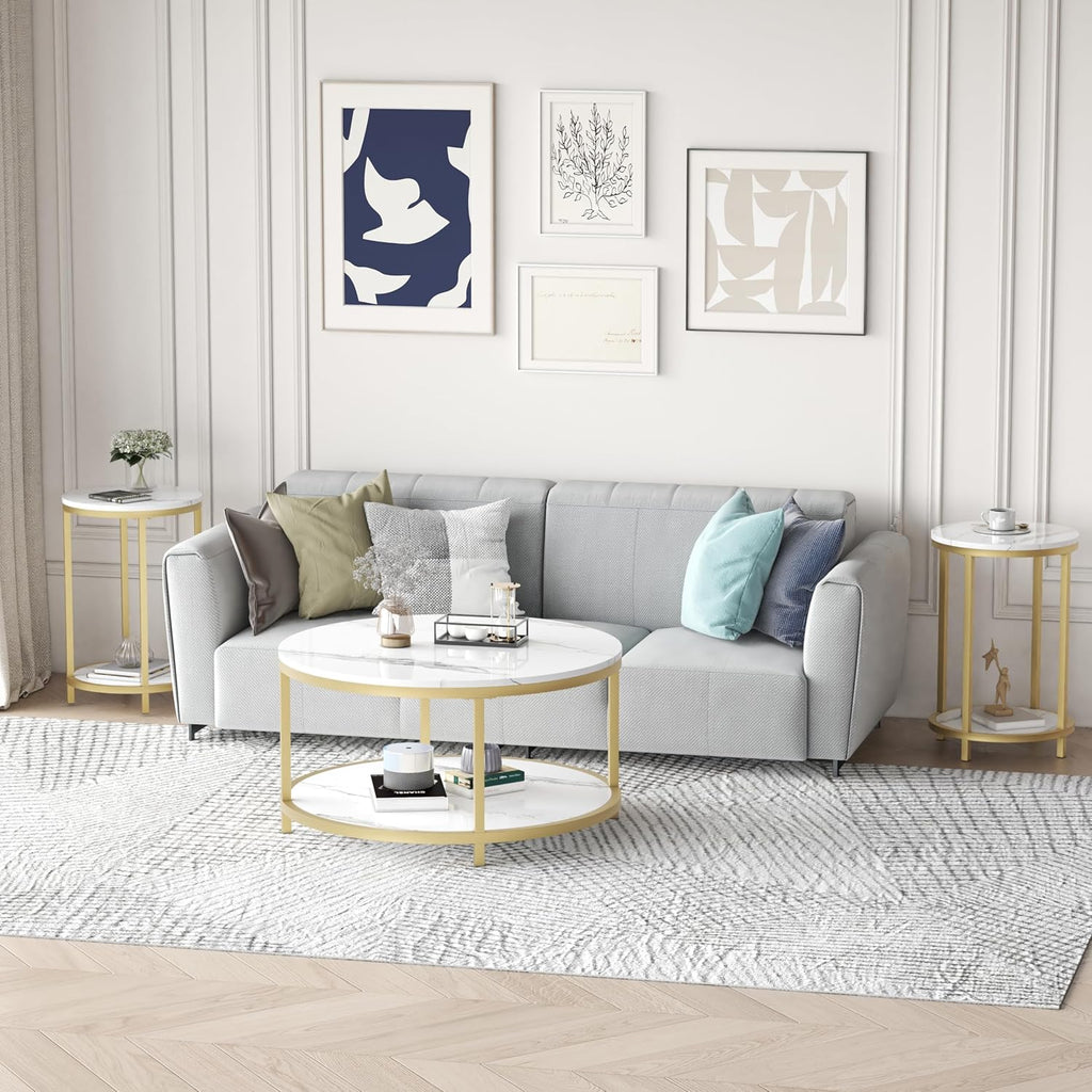WiberWi Round Side Table Set of 2, Modern Nightstand End Table with Gold Metal Frame &Faux Marble Top, Accent Bedside Table for Living Room Bedroom Small Spaces with Storage Open Shelf,White